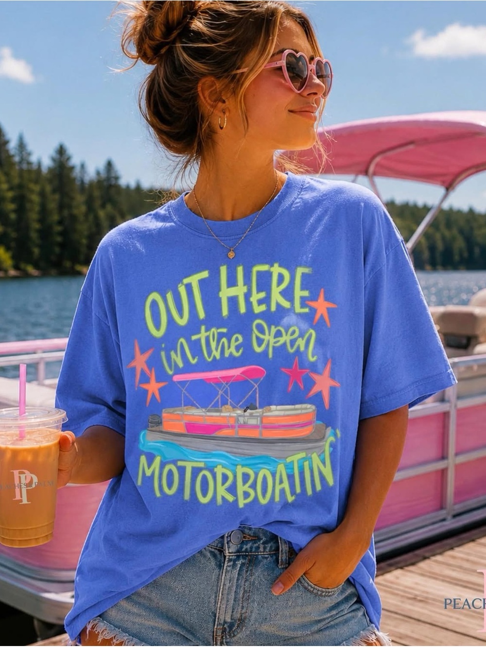 Blue Comfort Colors 'Out Here in the Open Motorboatin' Graphic Tshirt Small-XL
